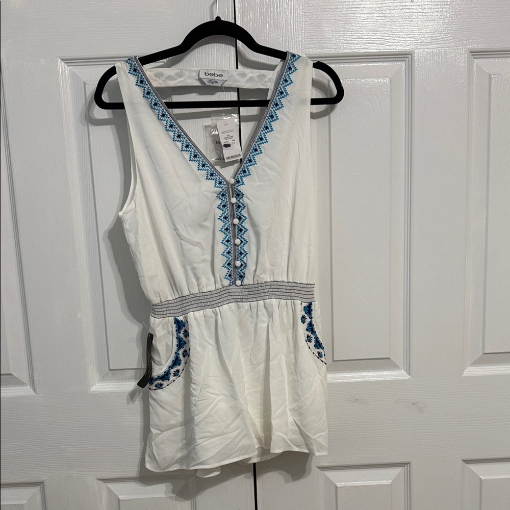 bebe White Top with Blue Embroidery